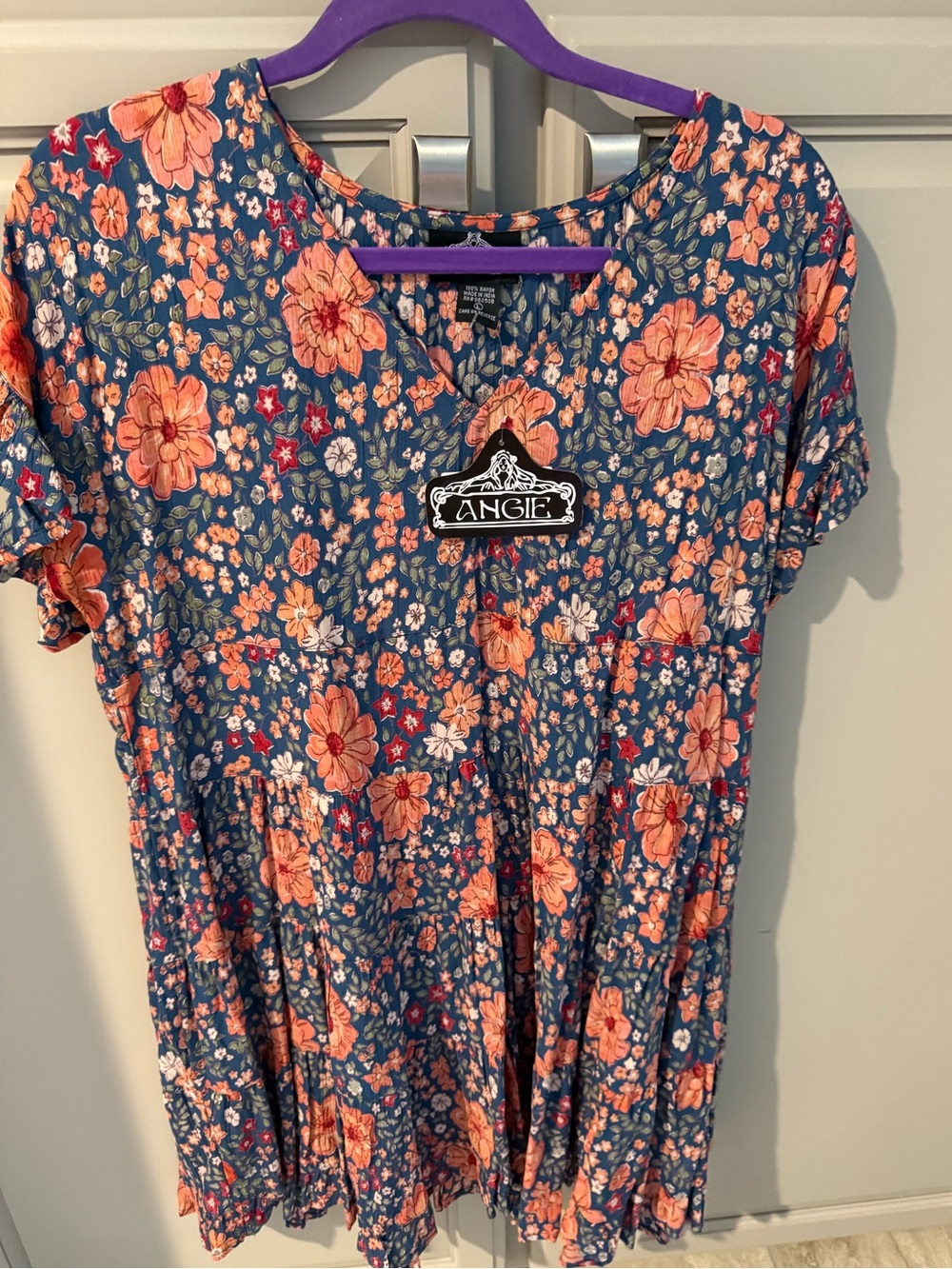 Angie multi color Floral Short Sleeve Tunic dress size Large NWT
